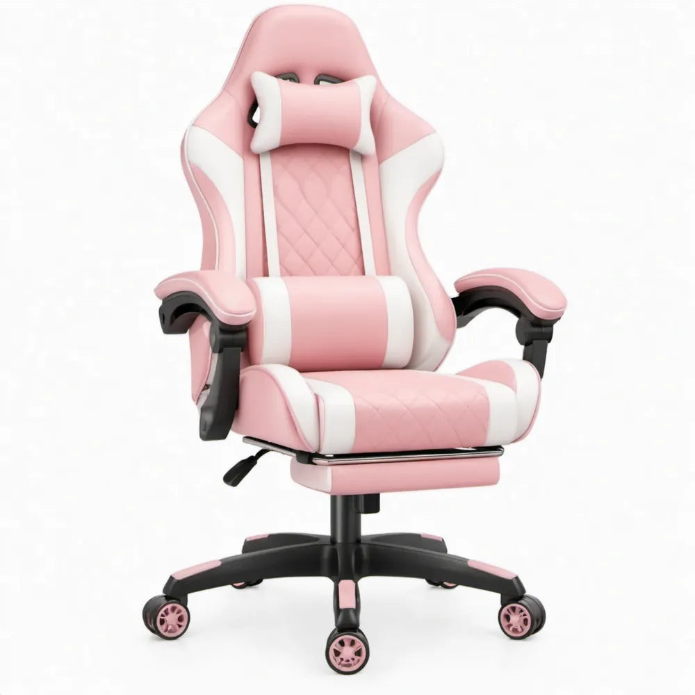Verstelbare gamingstoel van roze/wit PU-kunstleer met hoge rugleuning, 65 x 65 x 118-128 cm