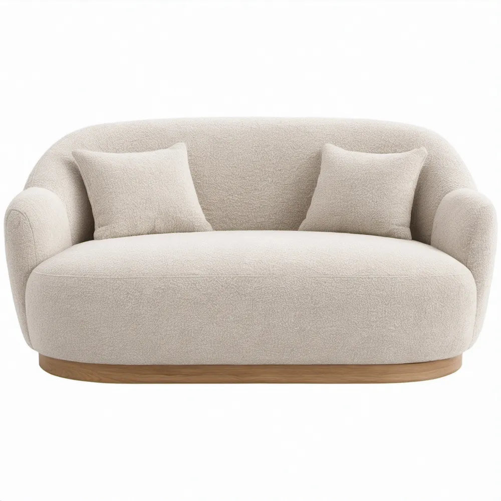 Gebogen 2-zitsbank van bouclé in crème met lichtbruine onderrand, 180 x 90 x 75 cm