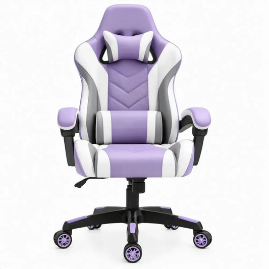Ergonomische gamingstoel met verstelbare rugleuning en zithoogte, paars/wit/grijs, 66 x 66 x 122-132 cm