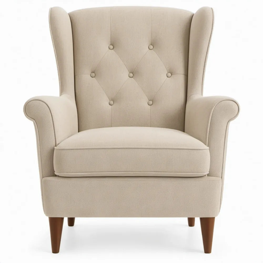 Beige oorfauteuil met hoge rugleuning en bruine rubberhouten poten, 82 x 90 x 108 cm