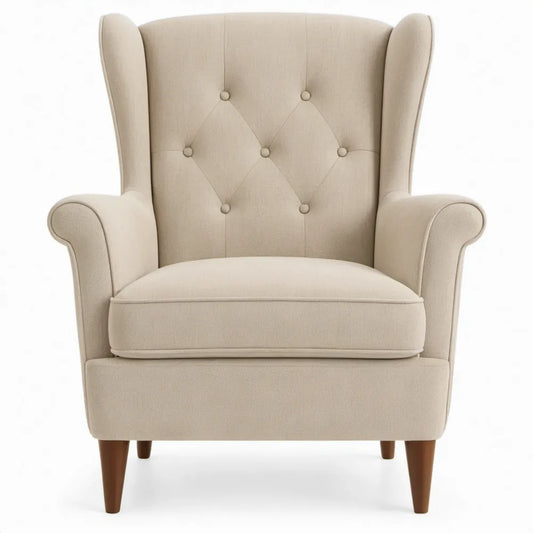 Beige oorfauteuil met hoge rugleuning en bruine rubberhouten poten, 82 x 90 x 108 cm