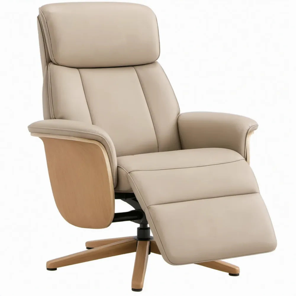 Draaibare relaxfauteuil met verstelbare rugleuning en voetensteun, 78 x 90-165 x 108 cm, beige kunstleer en eikenfineer