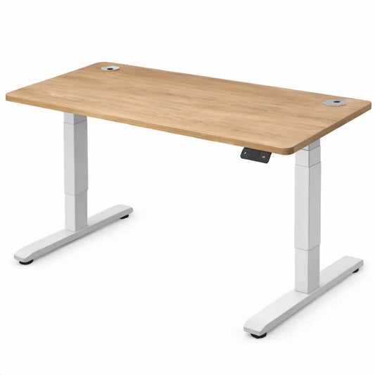 Elektrisch verstelbaar zit-sta bureau 120 x 60 cm met eikenkleurig blad, wit stalen onderstel en zwart bedieningspaneel