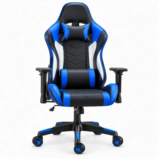 Gamingstoel van PU-kunstleer met verstelbare armleuningen en lendenkussen, Zwart/Blauw/Wit, 68 x 68 x 120-130 cm
