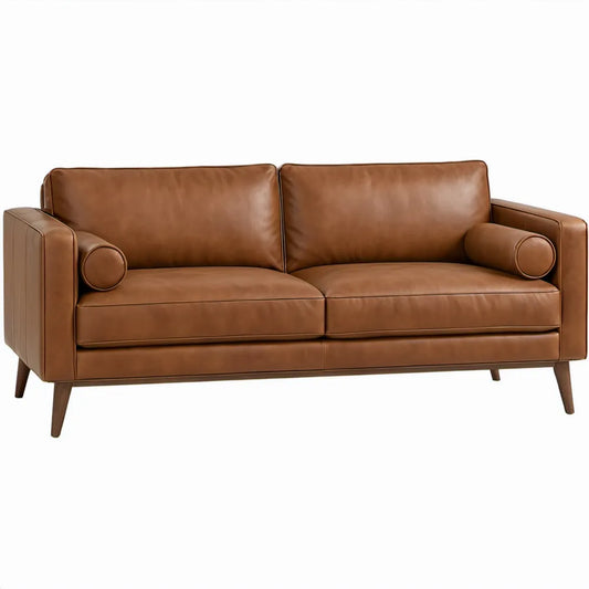 2-zitsbank 180 x 85 x 86 cm in cognac PU-kunstleer met donkerbruine rubberhouten poten
